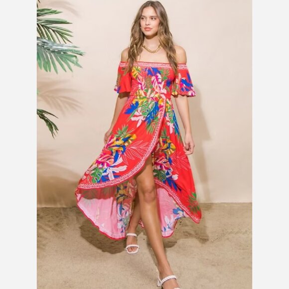 Red Floral Summer Dress – Off-Shoulder Hi-Lo Hem with Smocked Bodice - Picture 1 of 8